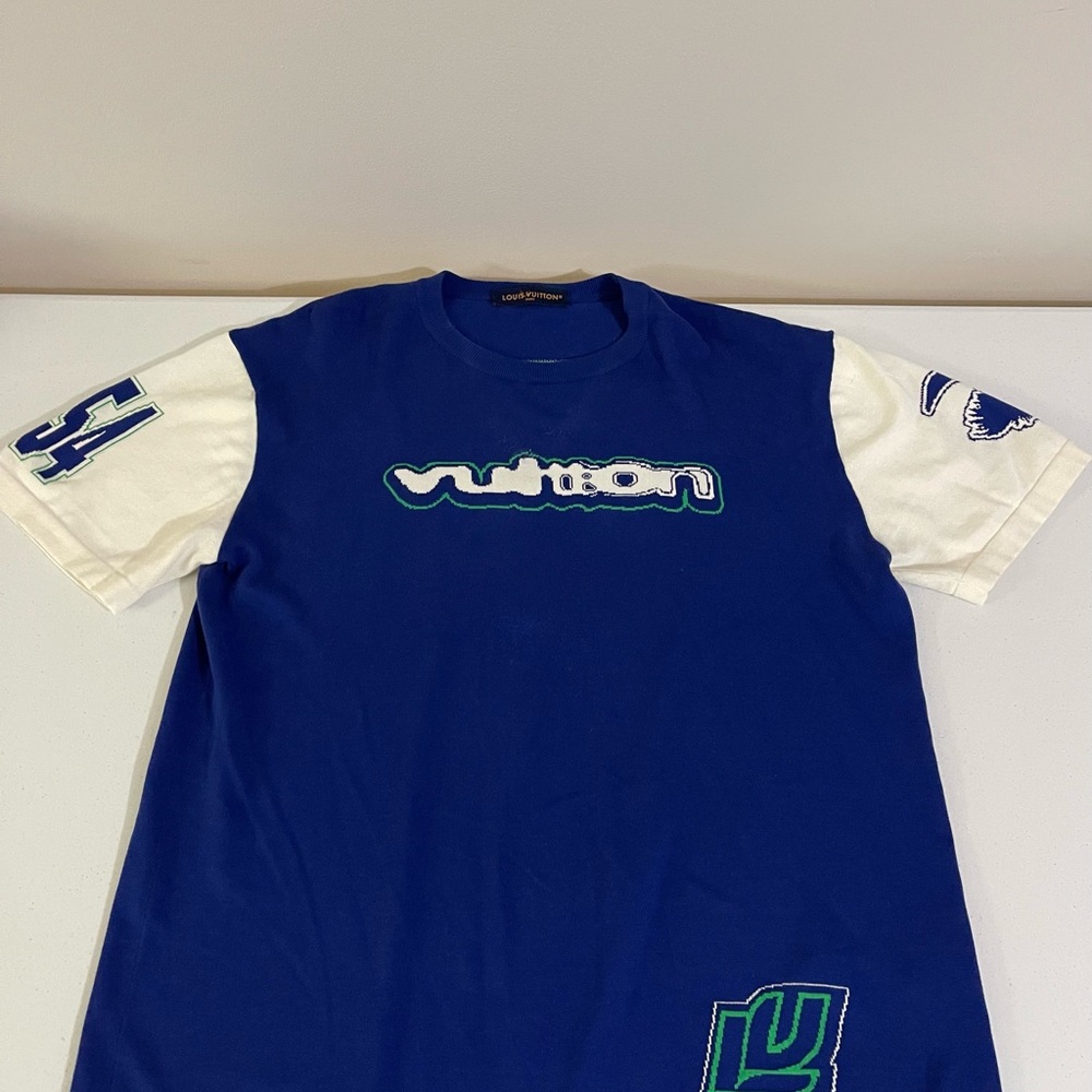 LOUIS VUITTON BOLD BLUE and LIME green cotton crew neck XXL